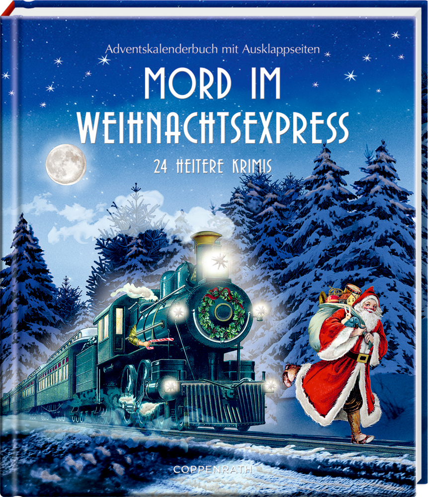 Der Weihnachtsmann rennt in einem verschneiten, mondbeschienenen Wald an einer grünen Dampflok vorbei; Buchcover-Illustration.