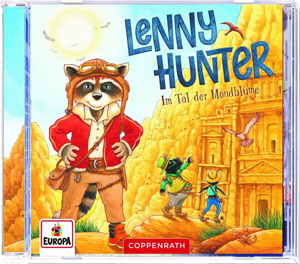 CD-Cover: Waschbär in Fliegermontur steht mit zwei Tierfreunden und fliegenden Vögeln vor antiken Ruinen.