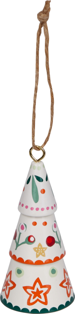 Weiße Hängedekoration in Tannenbaumform mit bunten Blumen- und Sternmotiven und brauner Aufhängeschnur.