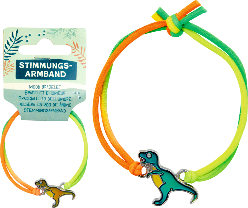 Stimmungsarmband mit orangefarbenen und grünen Bändern, Dinosaurier-Anhänger, sowohl verpackt als auch unverpackt abgebildet.