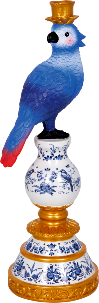 Blaue Papageienfigur mit goldenem Kerzenhalter, thront auf einem dekorativen Sockel mit Blumenmuster.