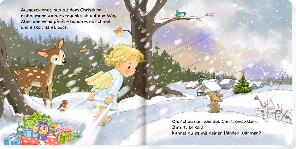 Innenseite eines Buchs mit einem kleinen Engel, der Geschenke durch den Schnee zieht. Dazu ein Reh, ein Haus und ein Wald.