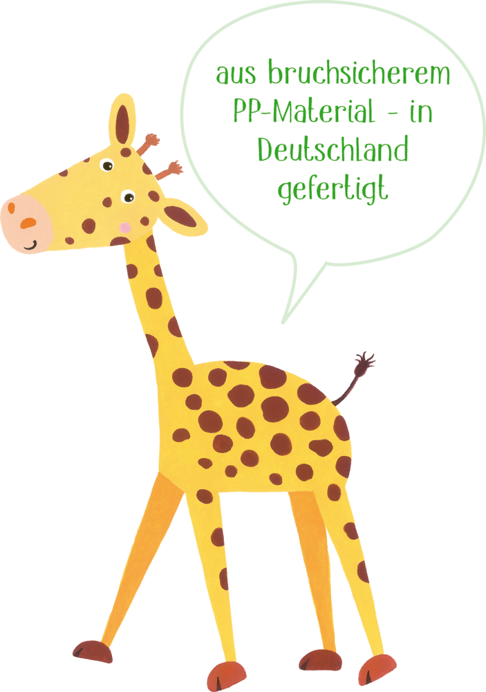 Lächelnde Giraffe und Text "Wir zaubern ein Lächeln in jedes Gesicht".