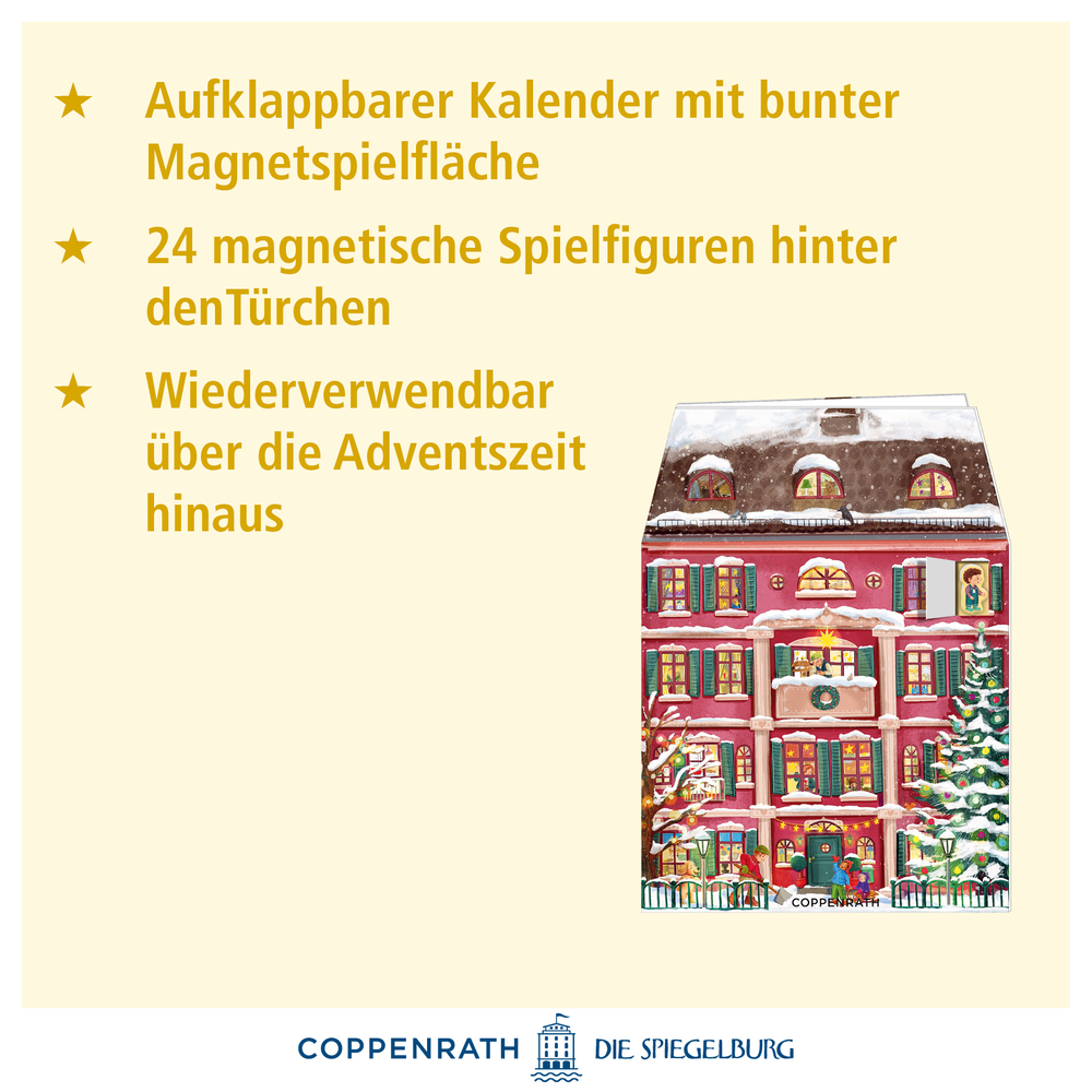 Aufklappbarer Adventskalender in Hausform mit bunten Fenstern und winterlicher Gestaltung, Text mit Produktmerkmalen daneben.