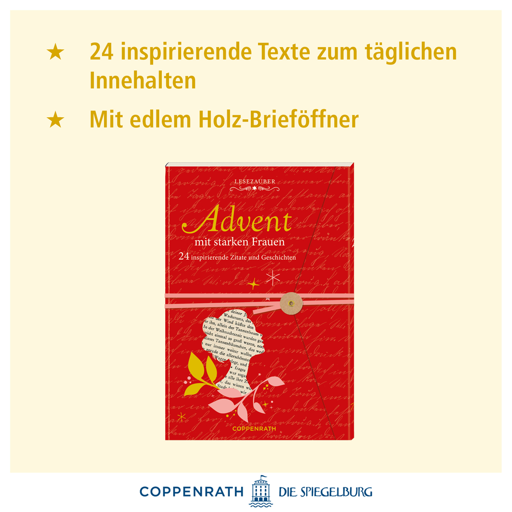 Rotes Buch mit dem Titel „Advent mit starken Frauen“ und dekorativen Blättern sowie Holz-Brieföffner auf der Verpackung.