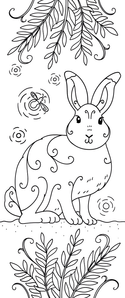 Illustration eines sitzenden Hasen mit verschnörkelten Linien, Blättern und einer kleinen fliegenden Biene.