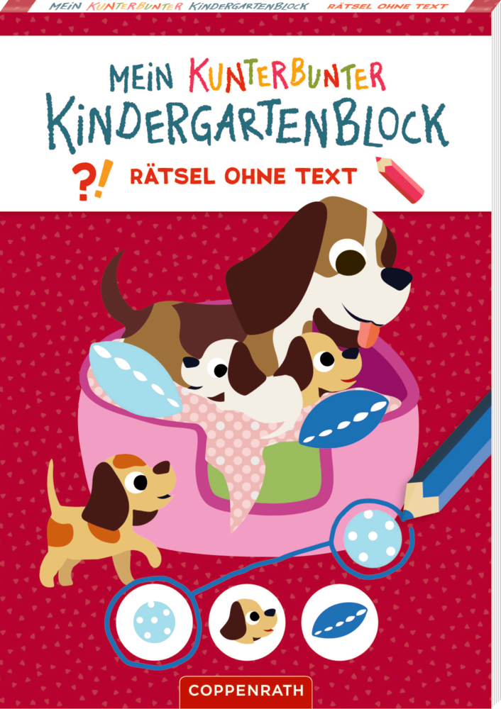 Verspielte Welpen im Körbchen mit Bällen zieren das bunte Cover eines Kinder-Rätselbuchs.