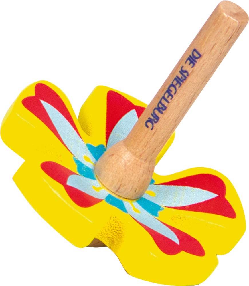 Bunter Holzkreisel mit gelbem, blütenförmigem Körper und rot-blauem Muster.