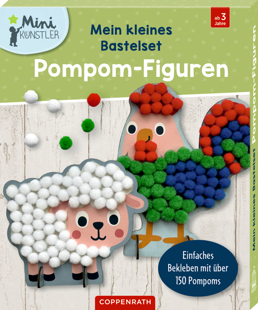 Bastelset-Verpackung mit Schaf- und Vogelmotiven aus bunten Pompons, Text „Pompom-Figuren, ab 3 Jahre“.