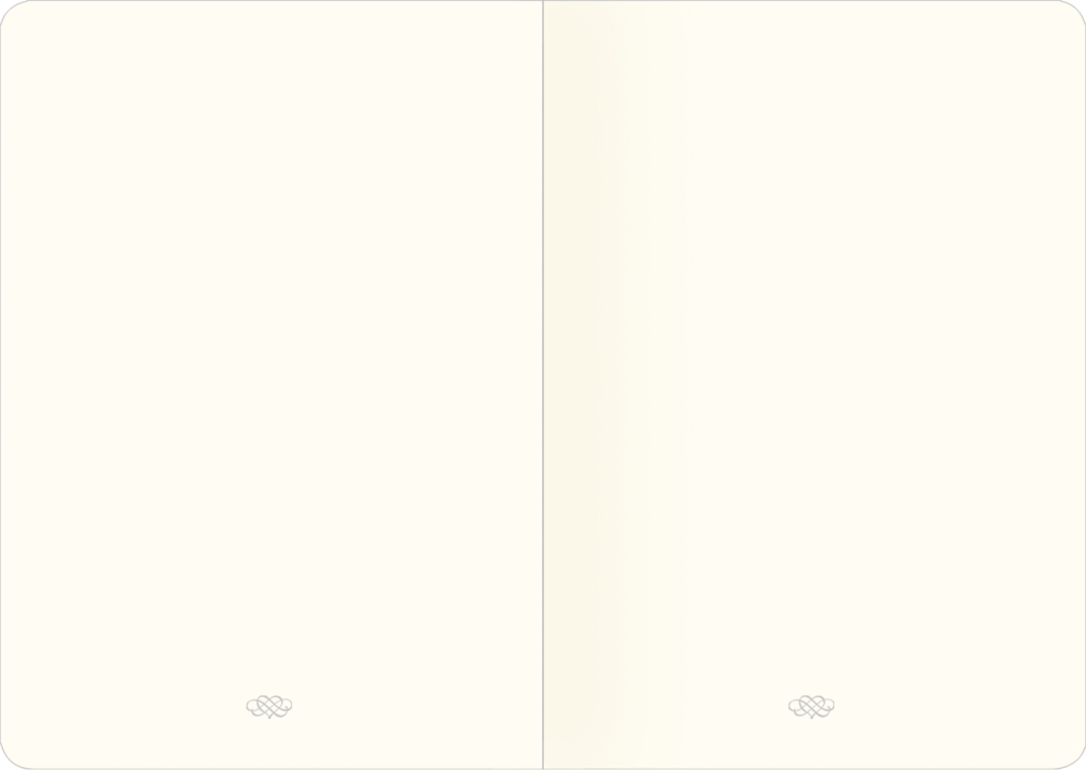 Aufgeschlagenes Notizbuch mit zwei leeren cremefarbenen Seiten mit Punktraster und kleinem grauen Symbol unten auf jeder Seite.