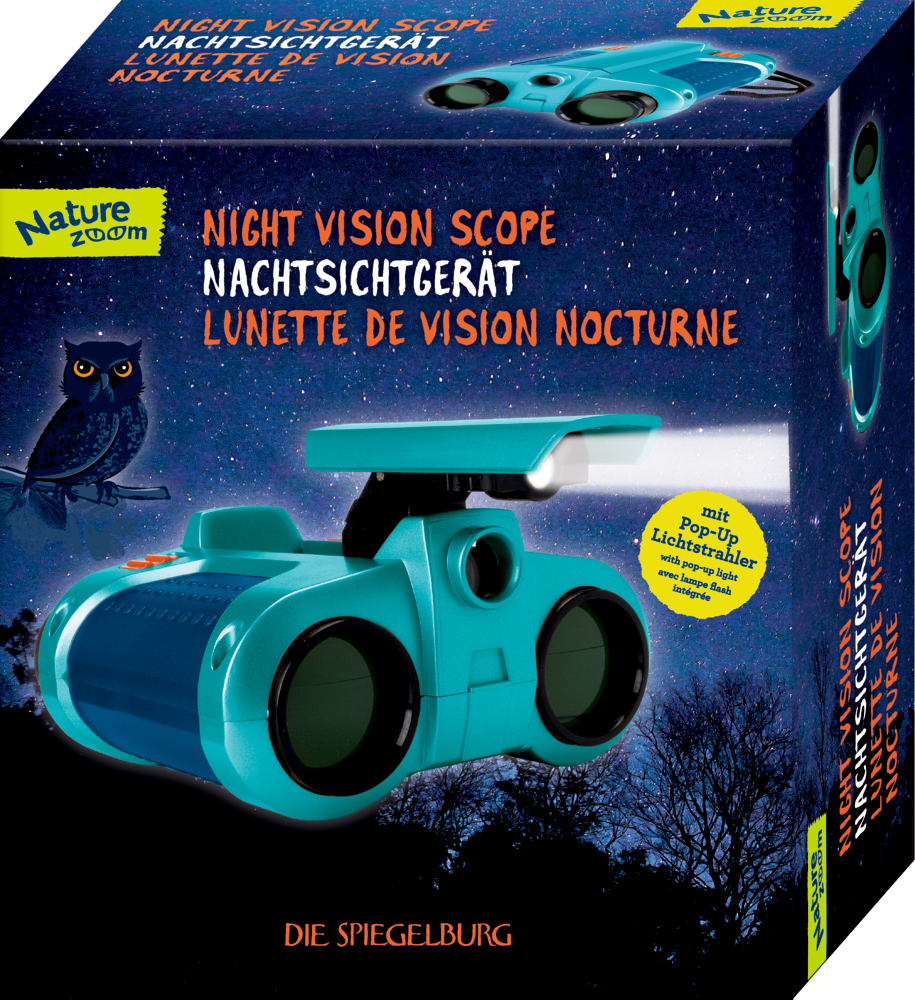 Blaues Nachtsichtgerät als Spielzeug in einer Nature Zoom-Box mit Eulenbild und Text in drei Sprachen.