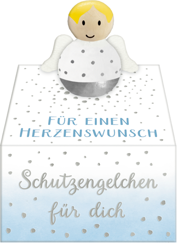 Kleine Engelsfigur auf einer Schachtel mit dem Text: „Für einen Herzenswunsch“ und „Schutzengelchen für dich“.