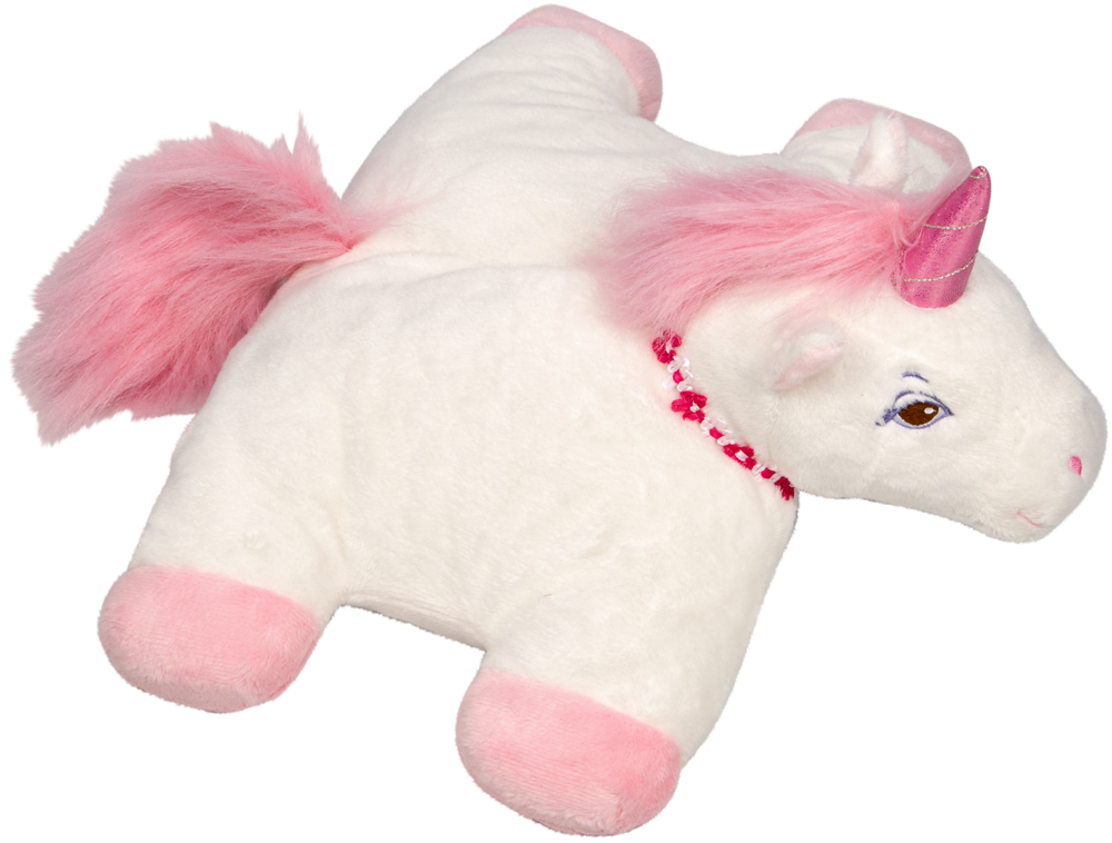 Plüsch-Einhorn-Kissen mit pinken Hufen, Mähne, Schweif und Horn, trägt eine pinke Perlenkette.