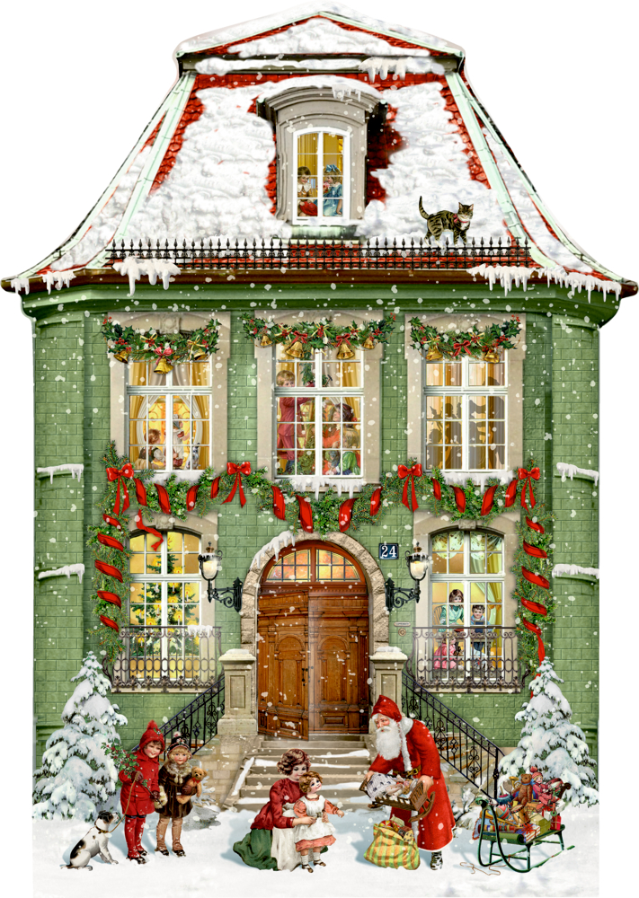 Ein festlich weihnachtlich geschmücktes grünes Haus mit dem Weihnachtsmann und Kindern, die auf der verschneiten Straße spielen.