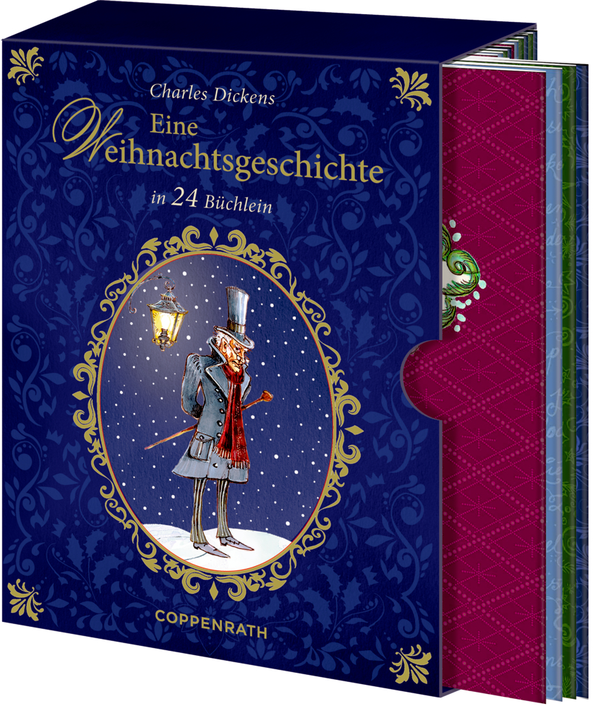 Illustrierte, blaue Schachtel mit Dickensâ€˜ â€žEine Weihnachtsgeschichteâ€œ mit einem Mann in Winterkleidung auf dem Cover.