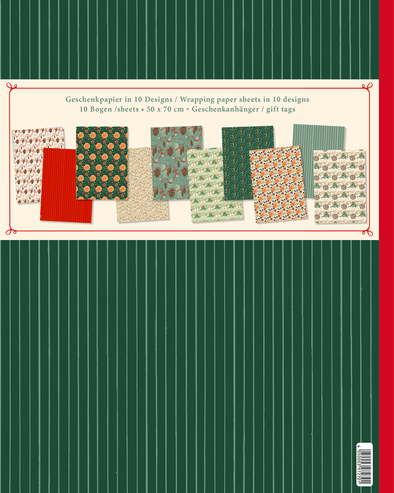 Zehn Bögen Geschenkpapier in unterschiedlichen Mustern und Farben, darunter Streifen, Blumen und weihnachtliche Motive.