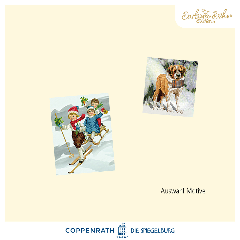 Zwei winterliche Motive mit Kindern auf Ski und Schlitten sowie einem Bernhardinerhund im Schnee.