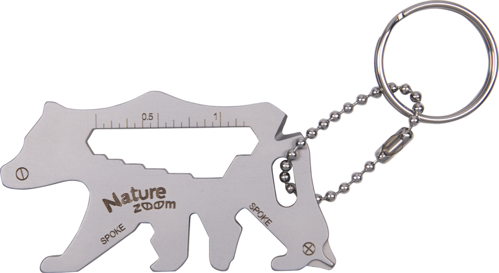 Metall-Multitool in Bärform mit Linealgravur und Anhänger aus Kugelkette und Schlüsselring.