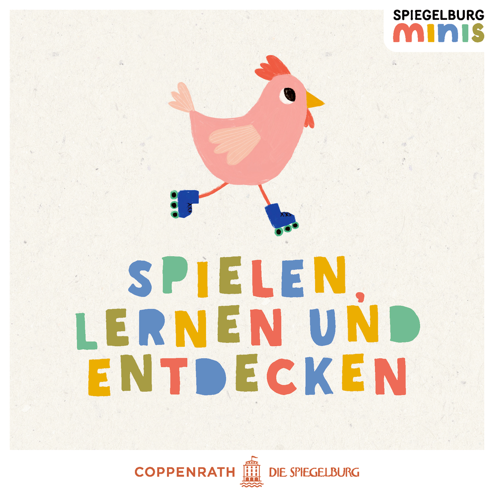 Illustration eines rosa Huhns auf Rollschuhen über buntem Schriftzug „Spielen, Lernen und Entdecken“.