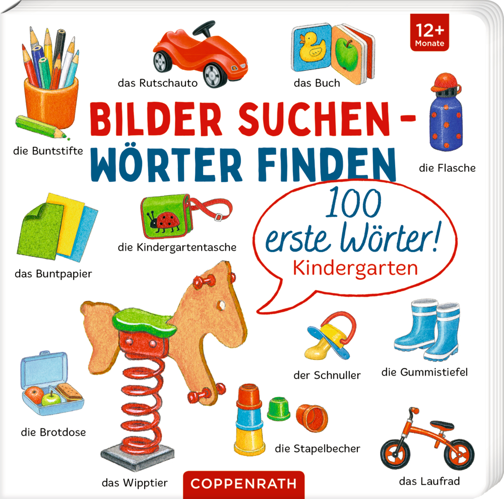 Buntes Kinderbuchcover mit illustrierten Objekten, Titel „Bilder suchen – Wörter finden“.