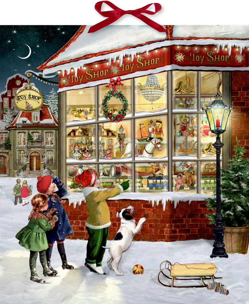 Drei Kinder und ein Hund schauen nachts im verschneiten Schaufenster eines Spielzeugladens mit Schlitten und Spielsachen.