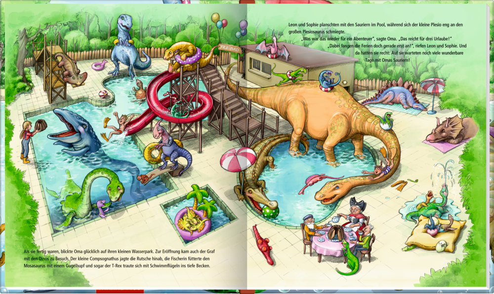 Kinder und Dinosaurier spielen gemeinsam im bunten Wasserpark mit Pools und Rutschen.