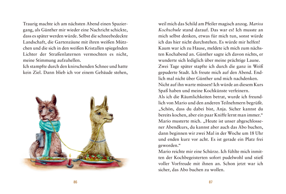 Zwei gezeichnete Lamas sitzen an einem Tisch und essen Spaghetti von getrennten Tellern. Eine Nudel verbindet beide.