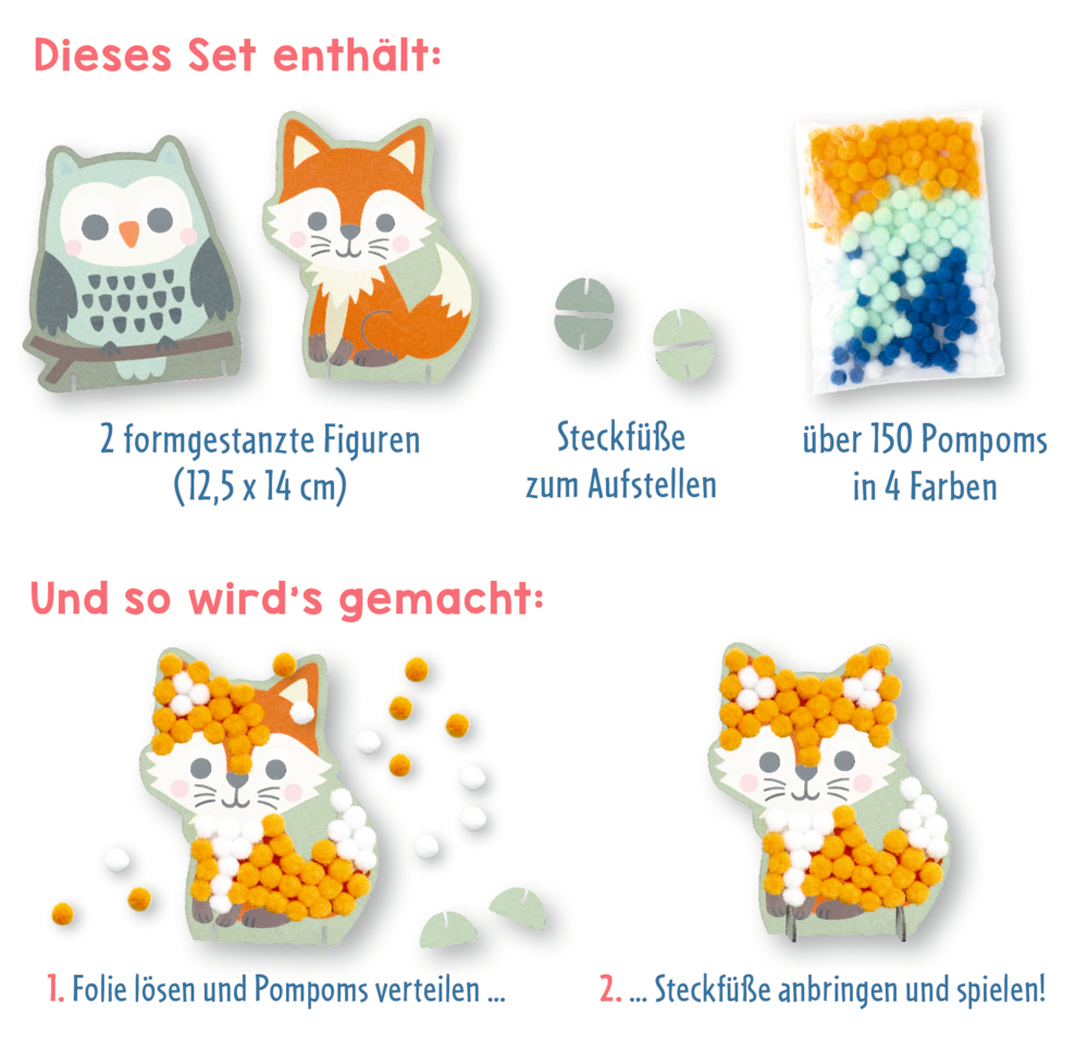 Bastelset mit Eulen- und Fuchsfigur aus Karton, zwei Steckfüßen und bunten Pompoms in vier Farben zur Dekoration.