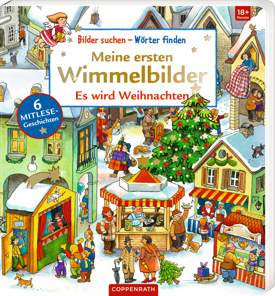Illustrierte Weihnachtsszene mit Menschen, festlichen Ständen, Schnee und geschmückten Häusern auf dem Weihnachtsmarkt, auf dem Cover von "Meine ersten Wimmelbilder".