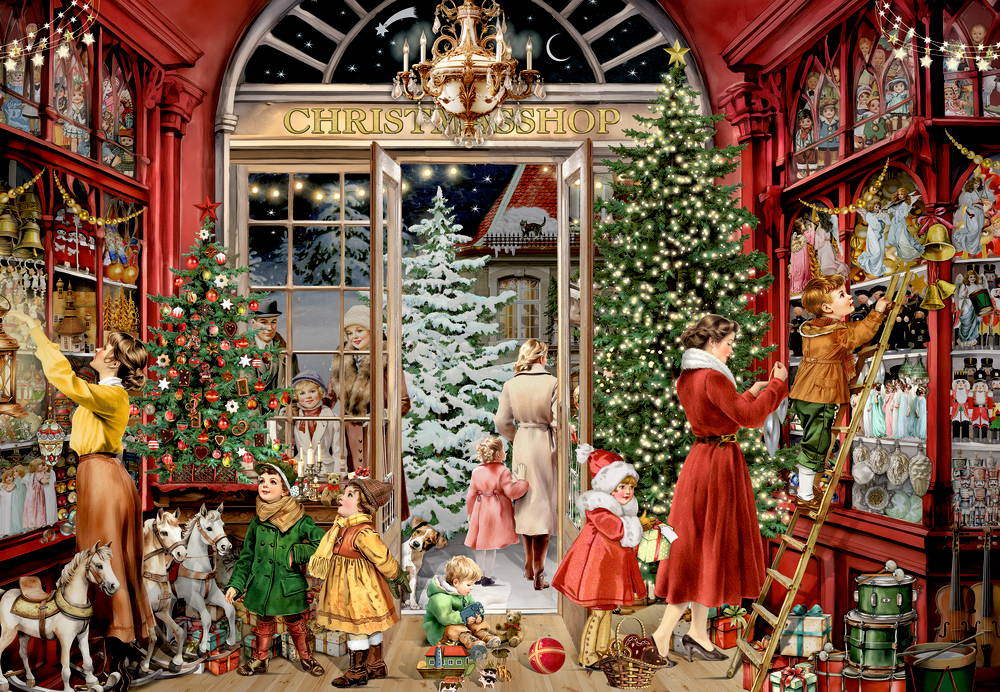 Menschen in weihnachtlich dekoriertem Laden mit Tannenbaum, Spielzeug, festlicher Kleidung und Blick auf winterliche Szenerie draußen.