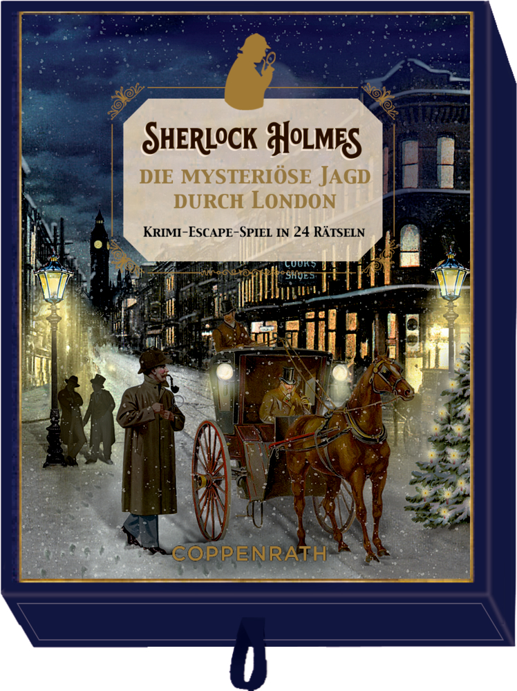 Sherlock Holmes-Spielbox: verschneite viktorianische Londoner Straße mit Holmes, einer Kutsche und alten Geschäften.