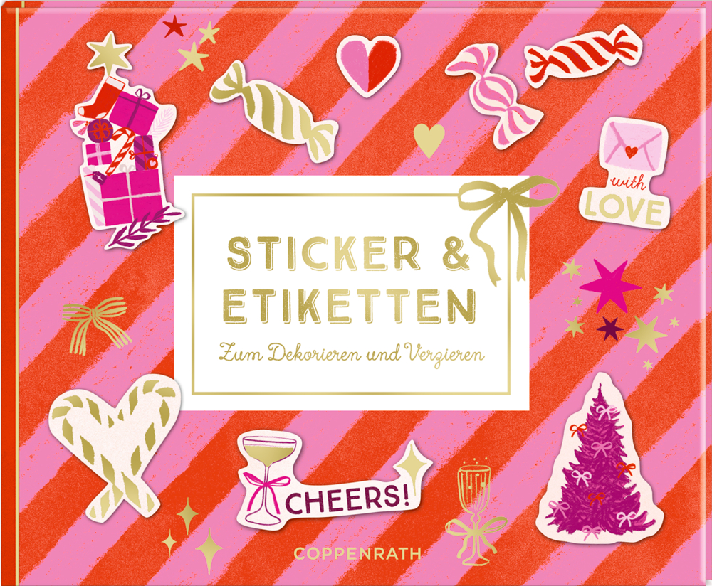 Buchcover mit Aufschrift „Sticker & Etiketten“, umgeben von bunten Geschenk-, Herz-, Bonbon- und Weihnachtsmotiven auf rot-rosa Streifenhintergrund.