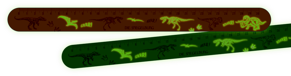 Zwei Dino-Lineale werden nachtleuchtend in Schwarz und mit neongrünen Dino-Abbildungen dargestellt.