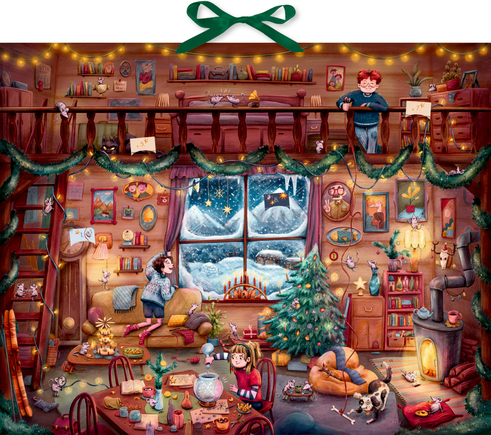 Gemütliches Weihnachtswohnzimmer mit Kindern, Haustieren, festlicher Dekoration und fallendem Schnee vor dem Fenster.