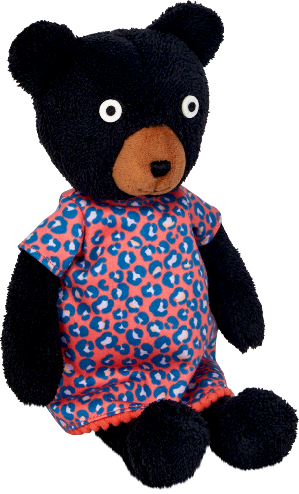 Schwarzer Plüschbär im rosa Kleid mit blauen Leopardenflecken, aufrecht sitzend vor weißem Hintergrund.
