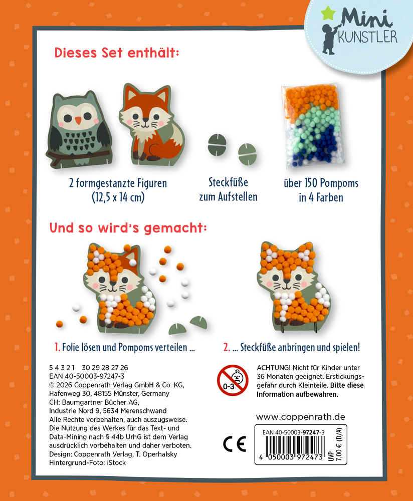 Bastelset mit Eulen- und Fuchsfigur, Steckfüßen und bunten Pompoms, Anleitung zum Befüllen und Aufstellen.