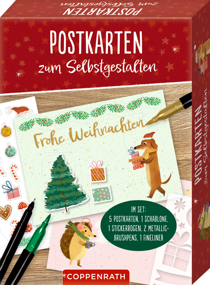 Weihnachtspostkartenset: Tierillustrationen, Aufkleber, Stifte und eine „Frohe Weihnachten“-Postkarte inklusive.