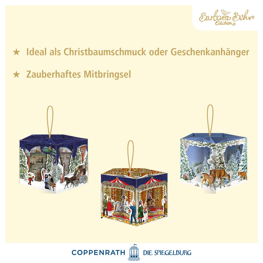 Drei fÃ¼nfeckig gefaltete PapieranhÃ¤nger mit nostalgisch weihnachtlichen Illustrationen.