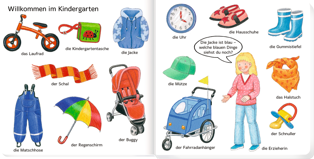 Auf einer Bilderbuchseite werden Kindergartengegenstände beschriftet wie ein Fahrrad, eine Jacke, ein Kinderwagen oder Gummistiefel.