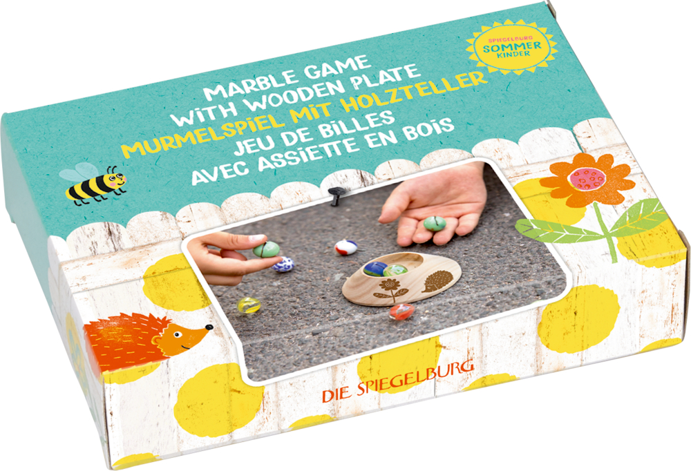Bunt illustrierte Pappschachtel mit einem Foto, auf dem Hände bunte Murmeln in einen Holzteller befördern.