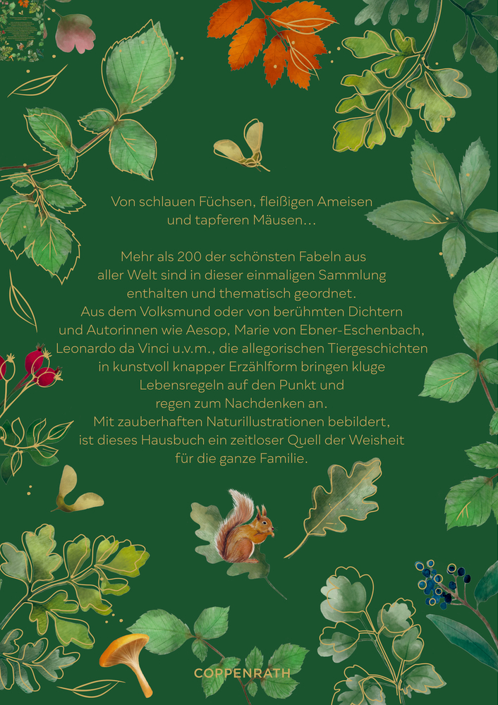 Grüner Hintergrund mit bunten Blättern, Beeren, Fliegenpilz, einem Eichhörnchen und goldener Textbeschreibung in der Mitte.