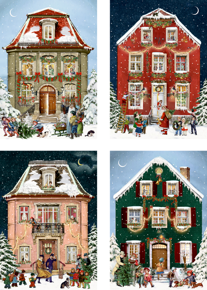 Vier verschiedene für die Feiertage geschmückte Weihnachtshäuser mit Menschen und Kindern, die in verschneiten Winterlandschaften feiern.