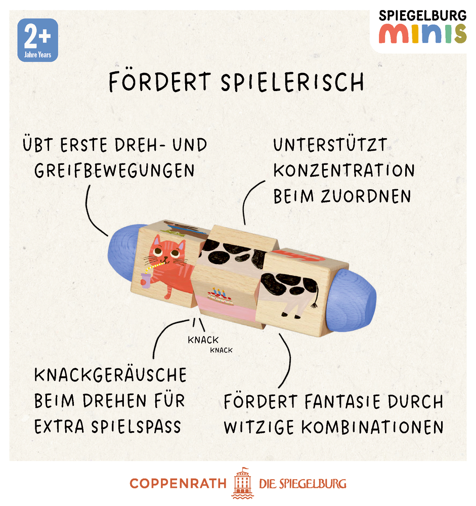 Verkaufsargumente wie "unterstützt konzentration beim zuordnen" auf einer farbigen Fläche