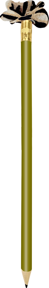 Grüner Bleistift mit goldener Zwinge und Stoffblume in Beige und Schwarz am oberen Ende.