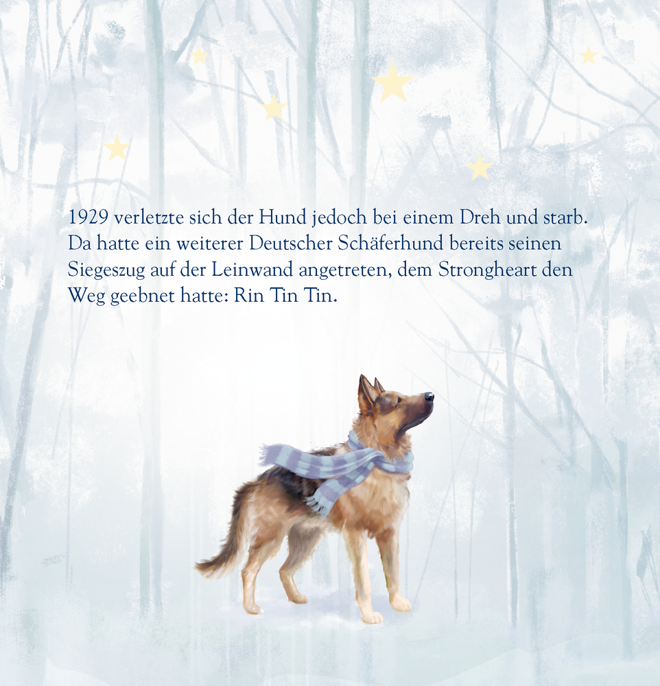 Illustration eines Schäferhunds mit blau kariertem Schal vor hellem, winterlichem Hintergrund mit Sternen.