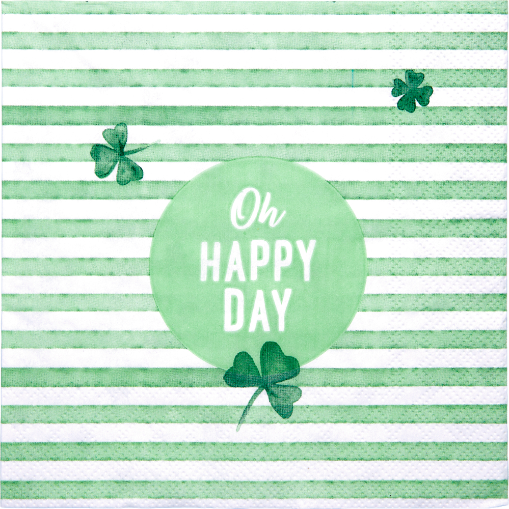 Grün-weiß gestreifte Serviette mit grünem Kreis und Text „Oh Happy Day“, verziert mit drei Kleeblättern.