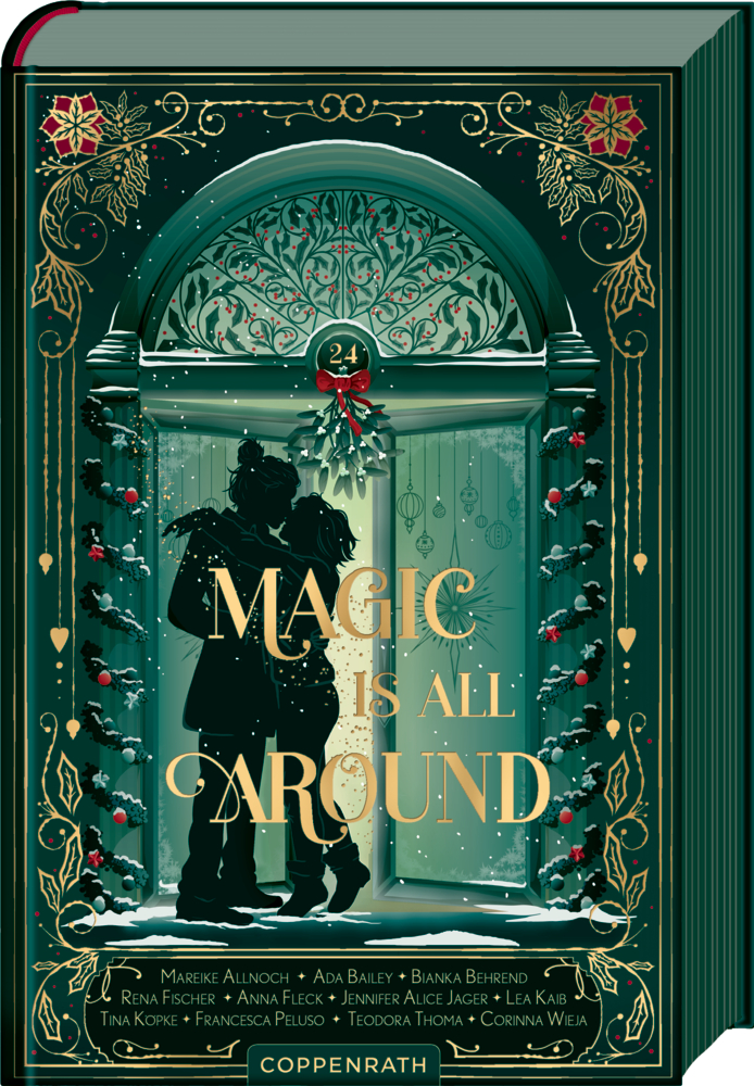 Grünes, verziertes Buchcover mit Silhouette zweier Personen, die sich vor einer weihnachtlich geschmückten Tür mit Mistelzweig und der Zahl 24 umarmen.