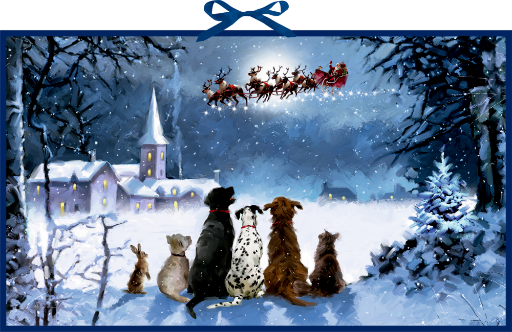 Fünf Hunde und ein Kaninchen beobachten, wie Santas Schlitten an einem winterlichen Dorf mit Kirche vorbeifliegt.