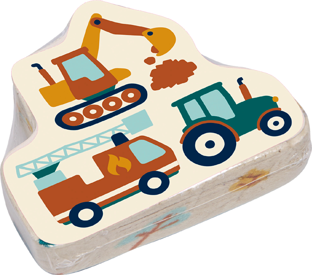 Gepresste Verpackung von einem Zauberhandtuch mit bunten Abbildungen von Bagger, Traktor und Feuerwehrauto auf der Oberfläche.