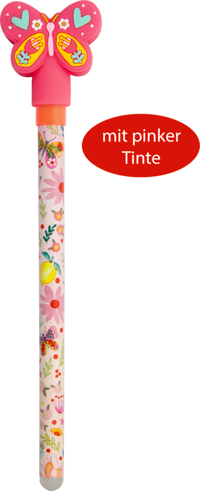 Bunter Stift mit pinkem Schmetterlingsaufsatz und geblümtem Muster